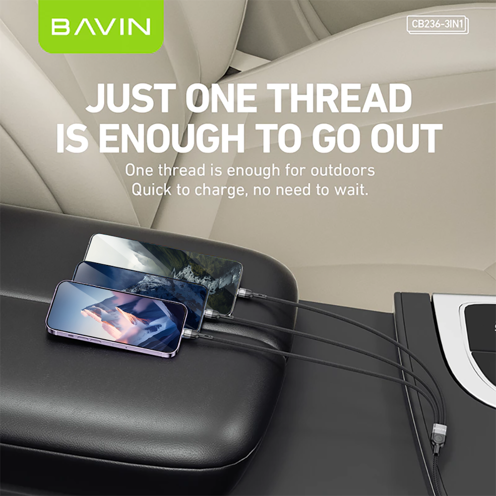 BAVIN CB236 3-in-1 60W 30W 18W Fast Charging Nylon Braided & Data Transfer Cable for iPh & Android (Supports 17 Series)