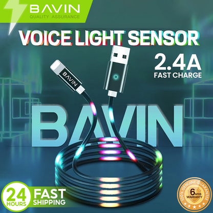 BAVIN U-CB139 2.4A Quick Charging Cable w/LED Light & Voice Control USB Data Cord for Micro & iPhone