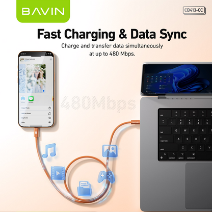 BAVIN CB413 PD 60W Type-C Fast Charging 1m Braided Cable w/ High-Speed Data Transfer for iPhone 15-17 & Android Devices