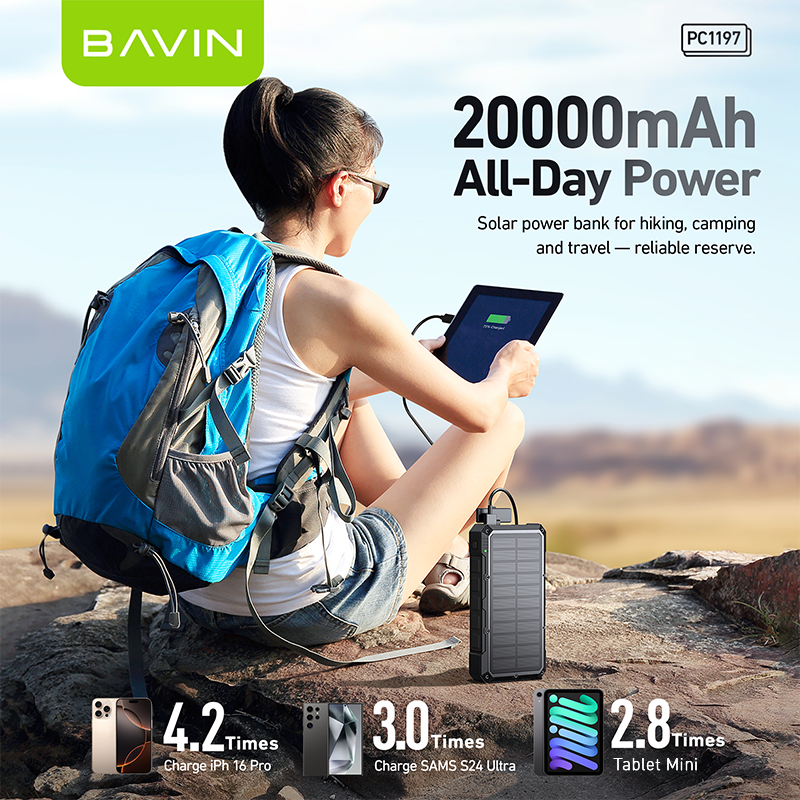 BAVIN Y-PC1197 20000mAh Solar Powerbank w/ 35W Type-C Fast Charging & 15W Wireless Charging w/ LED Flashlight & 3 Outputs