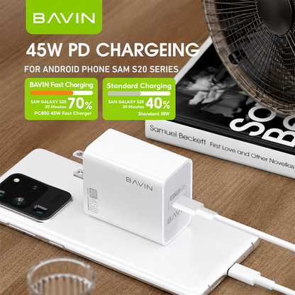 BAVIN PC800 45W PD Fast Charging Adapter Type-C Port Supports for iPhone 17 & Laptop w/ Date Cable