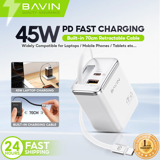BAVIN C-PC2085 45WPD Fast Charging Adapter w/Built-in Retractable Type-C Cable for Phones & Laptop (Supports iPhone 17 Series)