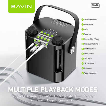 BAVIN DV-BM20 Professional Karaoke Bluetooth 5.0 Portable Speaker w/ Dual Microphones & Phone Stande