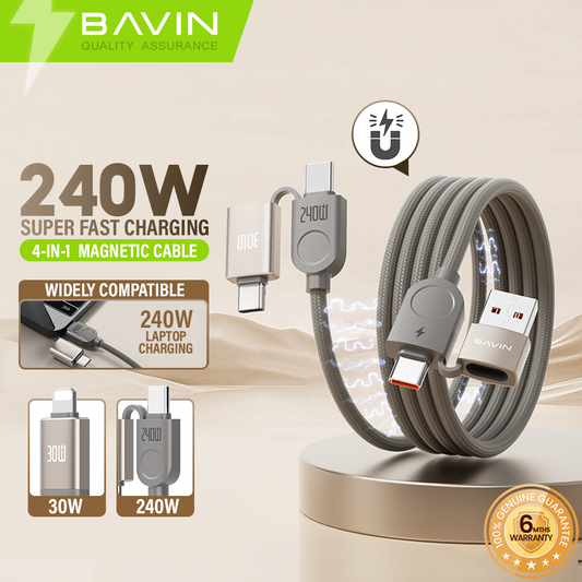 BAVIN U-CB388 4 in 1 Magnetic Fast Charging Cable 240W PD w/ 480Mbps Data Speed for Smartphones & Laptops