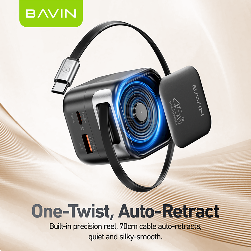 BAVIN PC2077 PD 45W QC 3.0 Portable Fast Charging Adapter w/ 70cm Retractable Cable + Foldable AC Plug for Laptop/Phones
