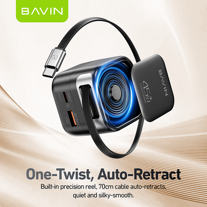 BAVIN PC2077 PD 45W QC 3.0 Portable Fast Charging Adapter w/ 70cm Retractable Cable + Foldable AC Plug for Laptop/Phones