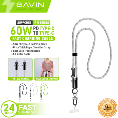 BAVIN U-CB372 Lanyard 60W PD 1.2m Fast Charging Data Cable Type-C to C /Type-C to iPh for iPh&Android (Supports 17 Series)