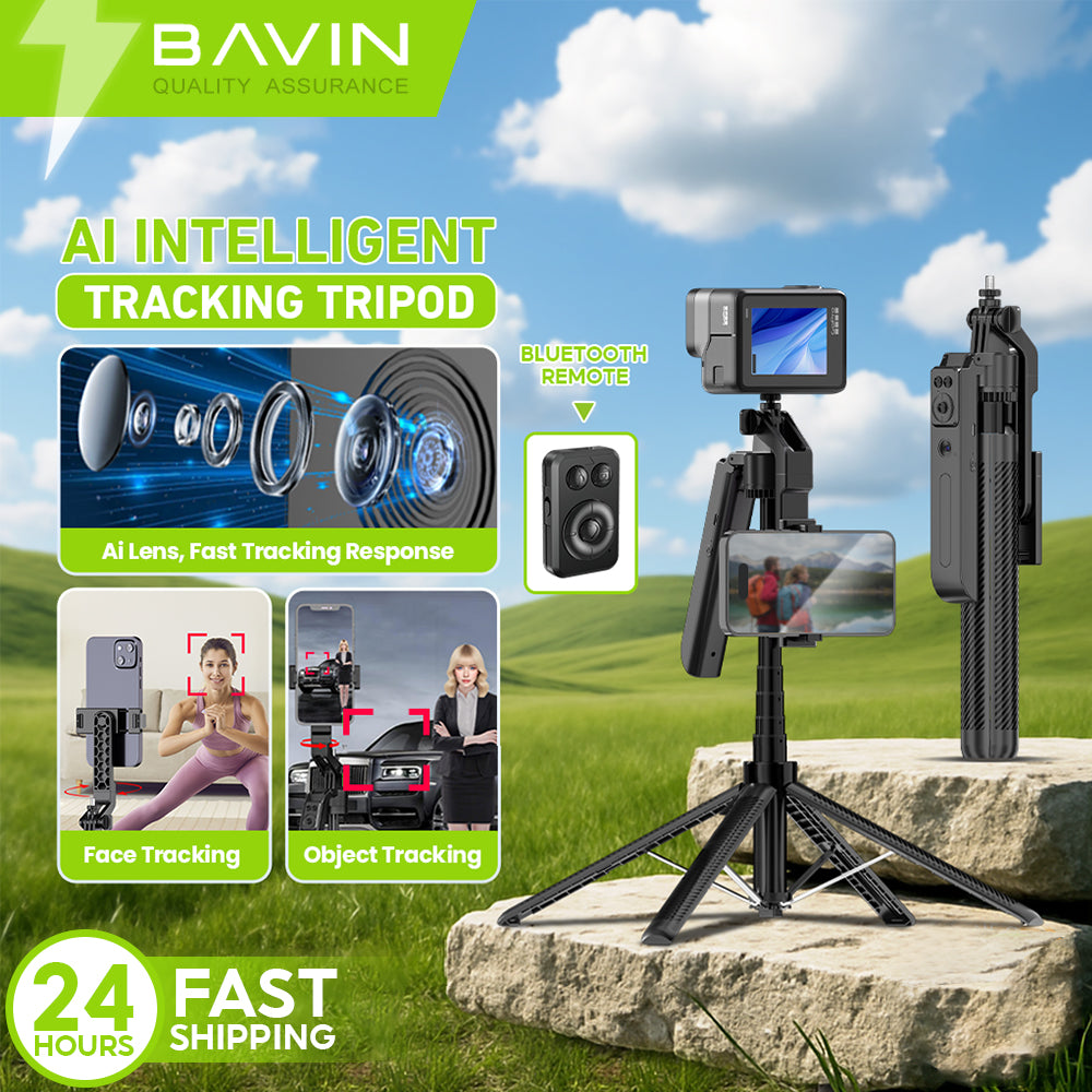 BAVIN D-Z-P24 AI Tripod Stand 360° Auto Face & Motion Detection w/ Wireless BT Remote Adjustable 32-180cm for Phone / Camera