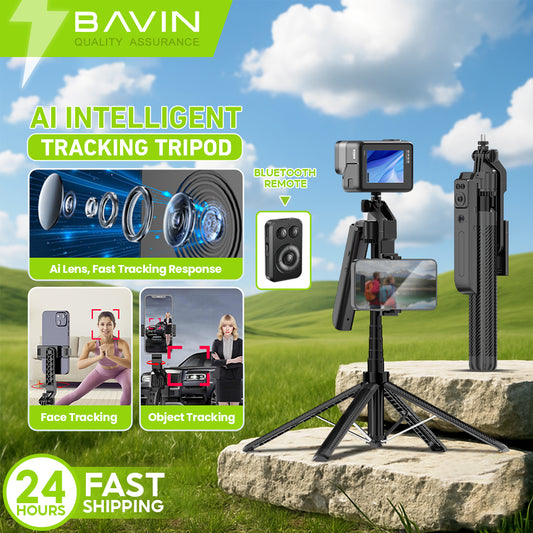 BAVIN D-Z-P24 AI Tripod Stand 360° Auto Face & Motion Detection w/ Wireless BT Remote Adjustable 32-180cm for Phone / Camera