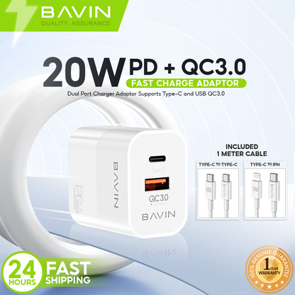 BAVIN C-PC963-PD Fast Charger w/ Dual Type-C & USB QC3.0