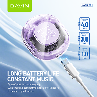 BAVIN BA66 TWS Bluetooth Earphone w/ Stereo Audio Sounds & Built-in Mic