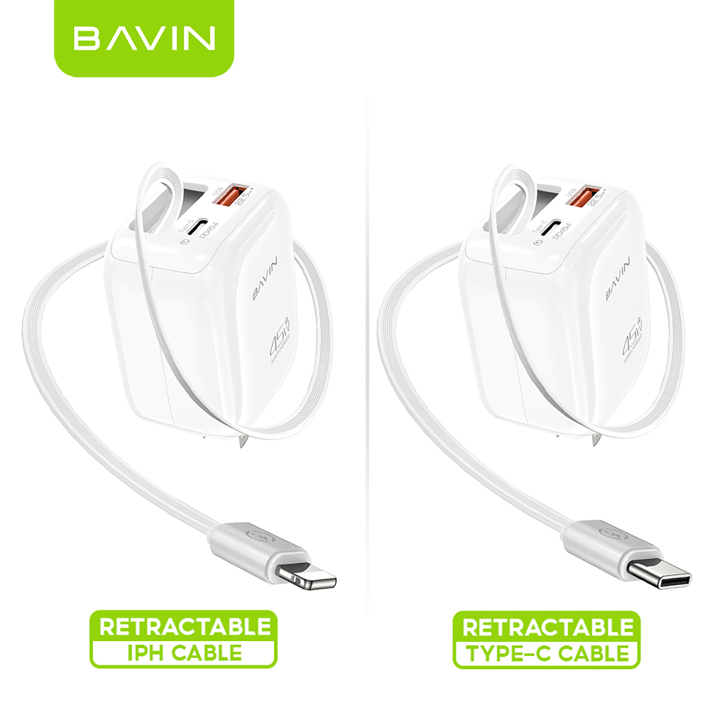 BAVIN PC2077 PD 45W QC 3.0 Portable Fast Charging Adapter w/ 70cm Retractable Cable + Foldable AC Plug for Laptop/Phones