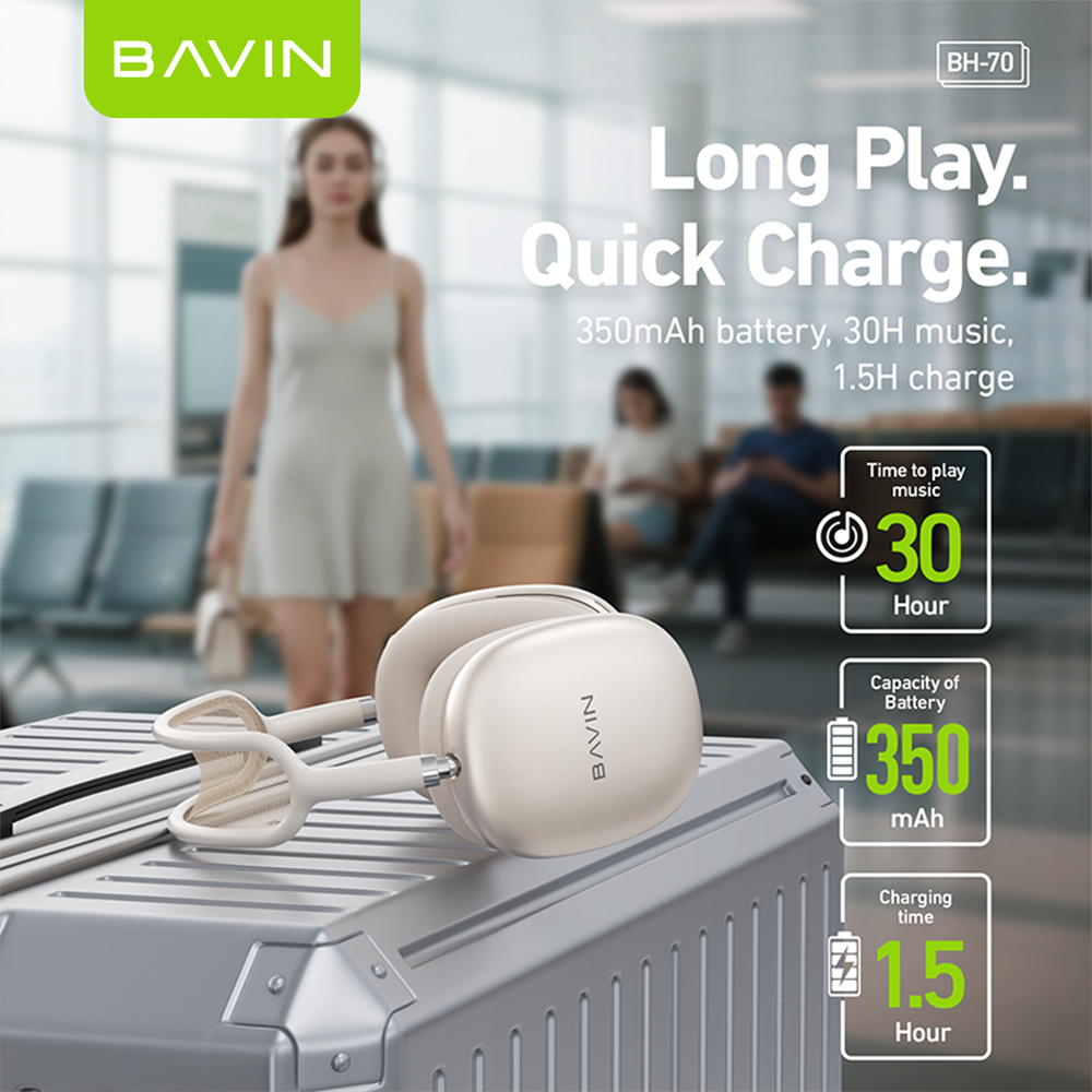 BAVIN HB-BH70 Wireless Bluetooth 6.0 Headphones |40mm Hi-Res Headset w/ Magnetic removable Earpads