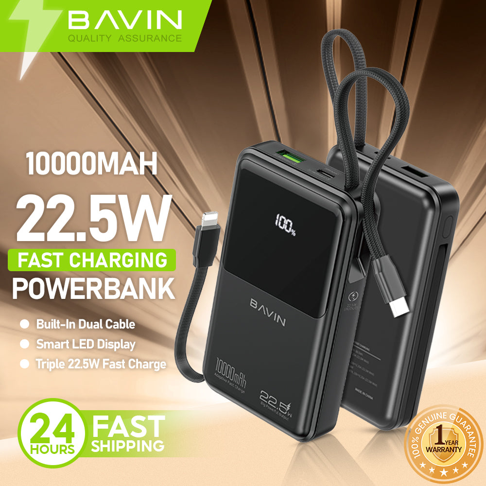 BAVIN PC1151 10000mAh Powerbank w/ 22.5W Triple Fast Charging Built-in Type-C & iPhone Cables | Smart LED Display