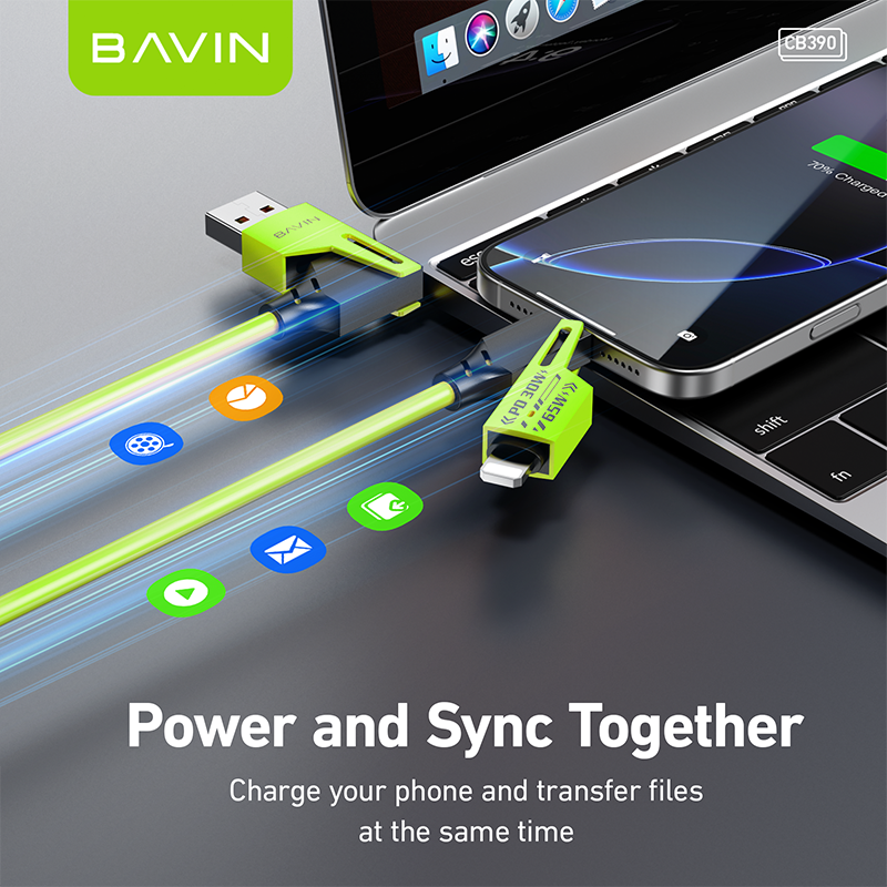 BAVIN CB390 4in1 65W PD Fast Charging Cable/Type-C to Type-C Multi-function for Laptop, iPhone & Android