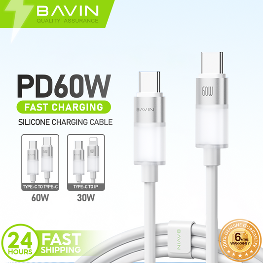 BAVIN CB402 60W/30W PD Fast Charging Liquid Silicone & Data Transfer Cable w/ 1m Type-C to Type-C / Type-C to iPhone