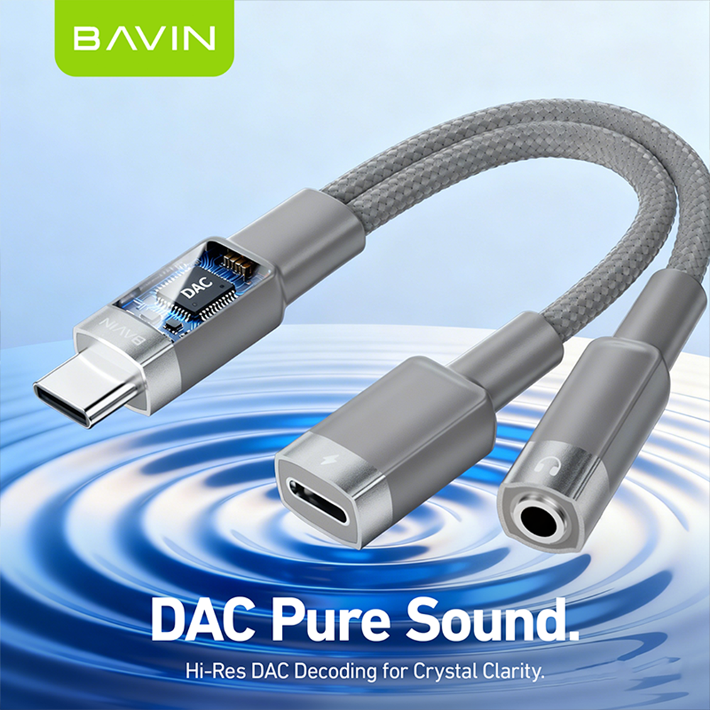 BAVIN AUX62 2-in-1 Hi-Fi Audio & Charge Cable w/iPhone, Type-C to 3.5mm Adapter for Android & iPhone Devices