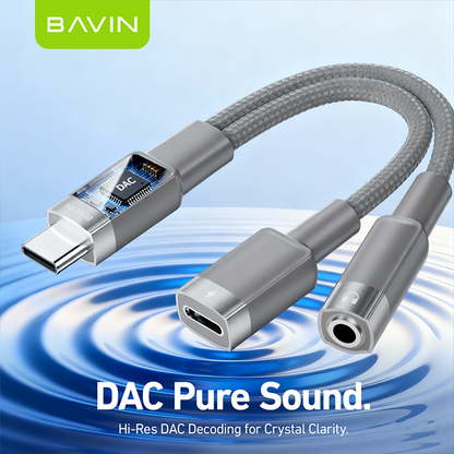 BAVIN AUX62 2-in-1 Hi-Fi Audio & Charge Cable w/iPhone, Type-C to 3.5mm Adapter for Android & iPhone Devices