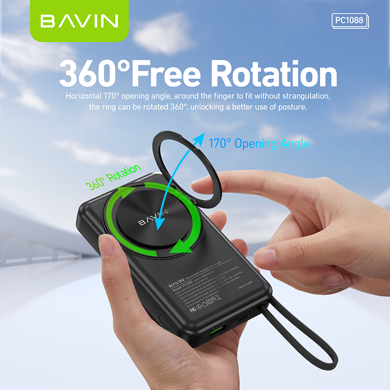 BAVIN PC1088 10000mAh 22.5W PD Wireless Fast Charging Powerbank w/ 360° Stand & Free Magnetic Ring