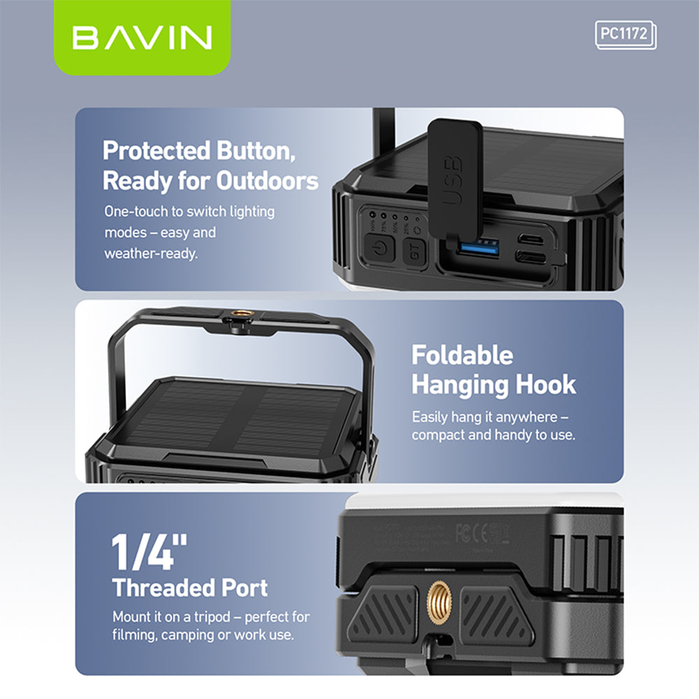 BAVIN PC1172 10000mAh Solar Powerbank w/Waterproof LED | Emergency Light | for Outdoor & Camping