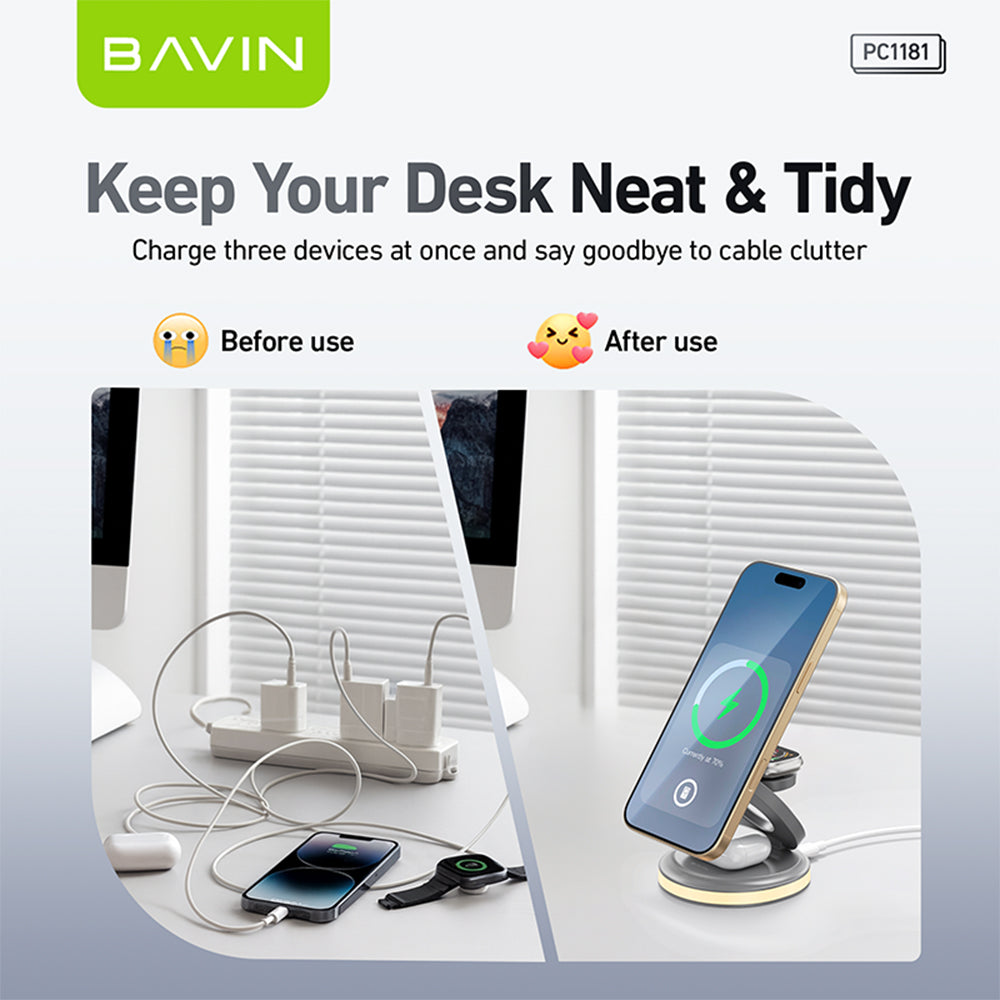 BAVIN Y-PC1181 3-in-1 Magnetic Wireless Charger 15W Fast Charging Dock for Phone / Watch / Earbuds Foldable w/ LED Light