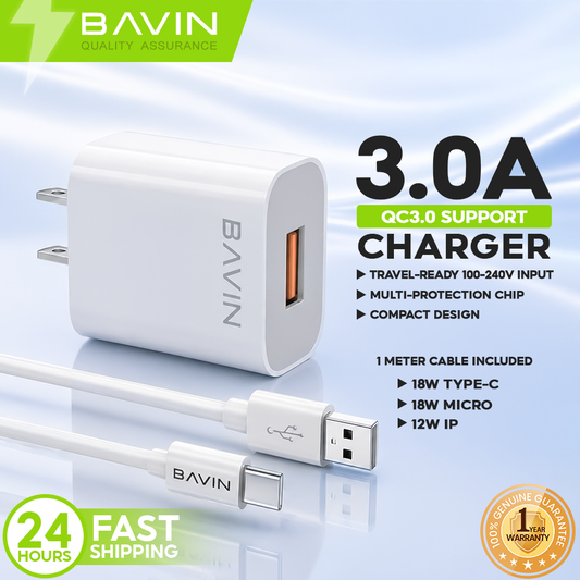 BAVIN PC658Y 3.0A Quick Charging Charger w/ 1 Meter Charging Cable for Micro / iPhone /Type-C