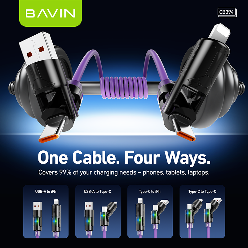 BAVIN U-CB394 60W 4-in-1 Silicone Fast Charging Cable w/ RGB Light Type-C & iPhone for Laptop, Tablet & Phones
