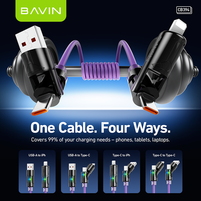 BAVIN U-CB394 60W 4-in-1 Silicone Fast Charging Cable w/ RGB Light Type-C & iPhone for Laptop, Tablet & Phones