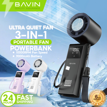 BAVIN BF019 Foldable Ultra Quiet Ice Cooling Handheld Fan 199-Speed w/ 9000mAh Powerbank + Flashlight