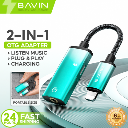 BAVIN AUX37 2-in-1 AUX Earphone Adapter iPhone to 3.5mm w/ Charging Port, Aluminum Alloy, Plug & Play