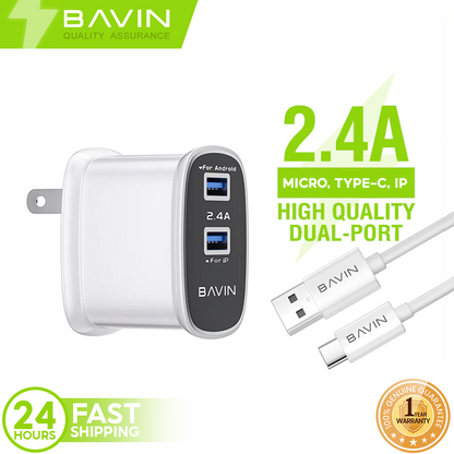 BAVIN PC727 2.4A Quick Charge Dual USB Wall Charger w/ Charging Cable for iPhone / Micro / Type-C