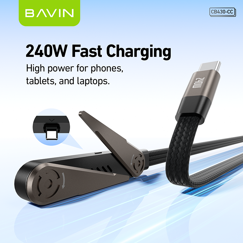 BAVIN CB430 2-in-1 240W PD Type-C Fast Charging Data Cable 1.2m w/ Foldable Stand for iPhone & Android