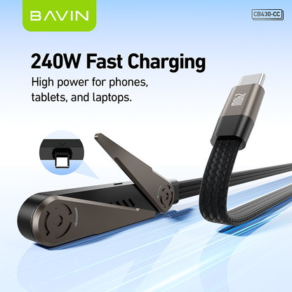 BAVIN CB430 2-in-1 240W PD Type-C Fast Charging Data Cable 1.2m w/ Foldable Stand for iPhone & Android