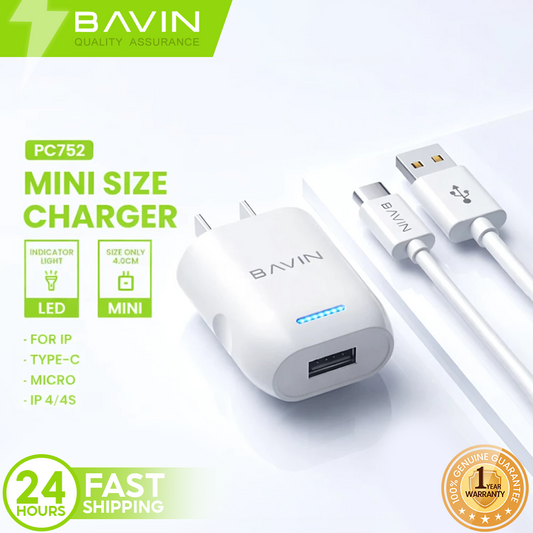 BAVIN PC752 Mini Wall Charger Overcharging Protection Quick Charge w/ USB Cable for Micro/iPhone/Type-C