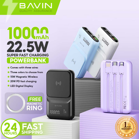 BAVIN PC1066 10000mAh 22.5W Portable Powerbank Fast Charging w/ Built-In Cable & Free Magnetic Ring