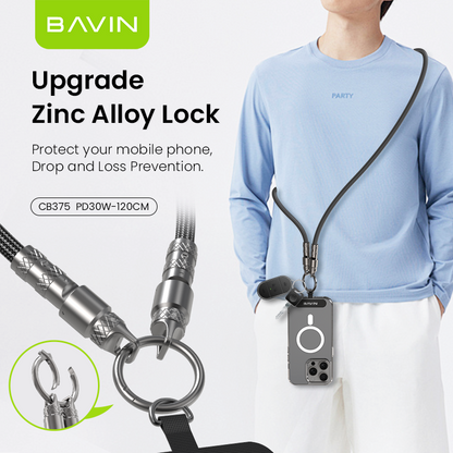 BAVIN CB375 30W PD Fast Charging Cable For Crossbody & Wrist Phone Lanyard 1.2M Cord Strap