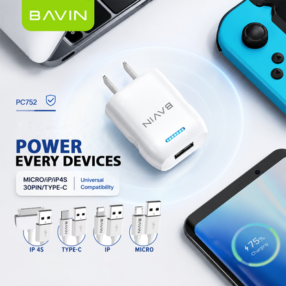 BAVIN PC752 Mini Wall Charger Overcharging Protection Quick Charge w/ USB Cable for Micro/iPhone/Type-C