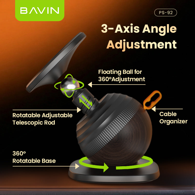 BAVIN PS92 2in1 360°Rotating Magnetic Phone Holder w/ Retractable Rod Adjustment, Strong Magnet & Silicone Cable Organizer