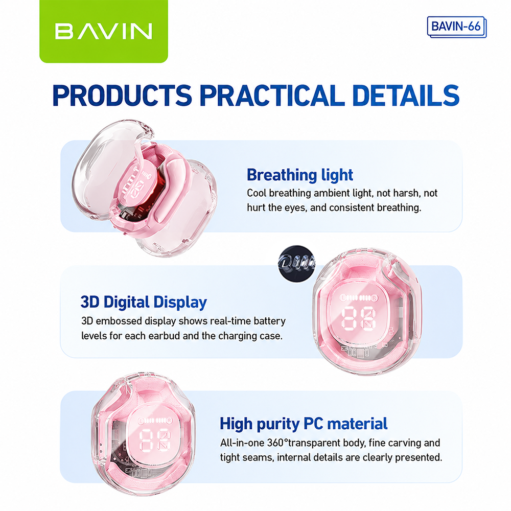 BAVIN BA66 TWS Bluetooth Earphone w/ Stereo Audio Sounds & Built-in Mic