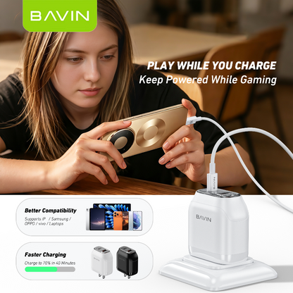 BAVIN PC2165 45W PD QC3.0 USB-C+22.5W USB Fast Charging Charger w/ 1M Cable for iPh 17/Android/Laptop