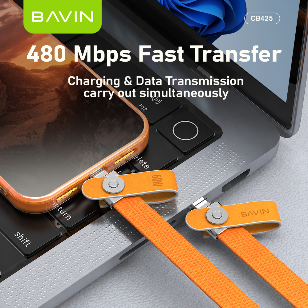 BAVIN CB425 2in1 60W Fast Charging Phone Strap Lanyard + Flat Type-C Data Cable 1.2m for iPhone 17, Android