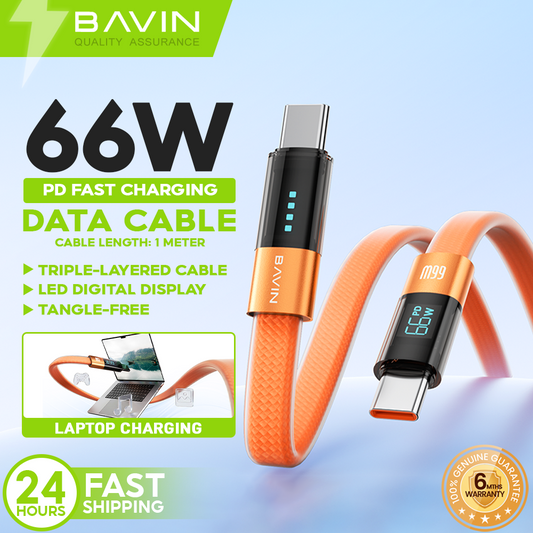 BAVIN CB431 66W PD Fast Charging 1M Braided Data Cable USB to Type-C & Type-C to Type-C w/ LED Display