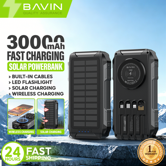 BAVIN PC1251 30000mAh Solar Power Bank PD 22.5W Fast+15W Wireless Charge w/ Cables, LED Light, 3 Output