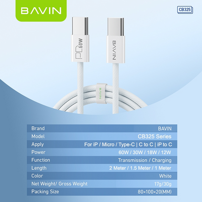BAVIN CB325 60W USB C Cable Type C Data Cord PD Fast Charging For iPhone 17 Series & Laptop Charging