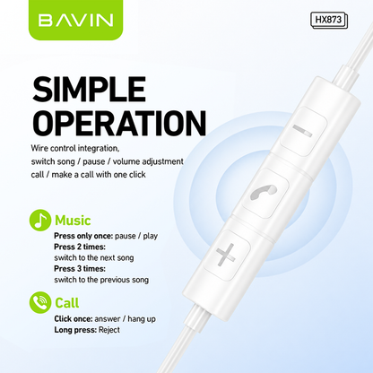 BAVIN HX873 Universal Hi-Res Audio Sound Type-C Wired Earphone Built Mic for iPhone 15-17 & Android Devices