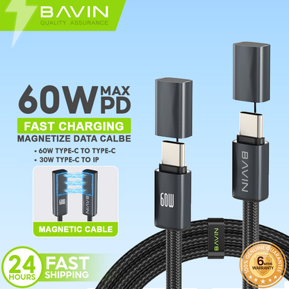 BAVIN CB427 Portable 1m 60W PD Fast Charging Magnetic Type-C Data Cable Braided for iPhone 17, Android