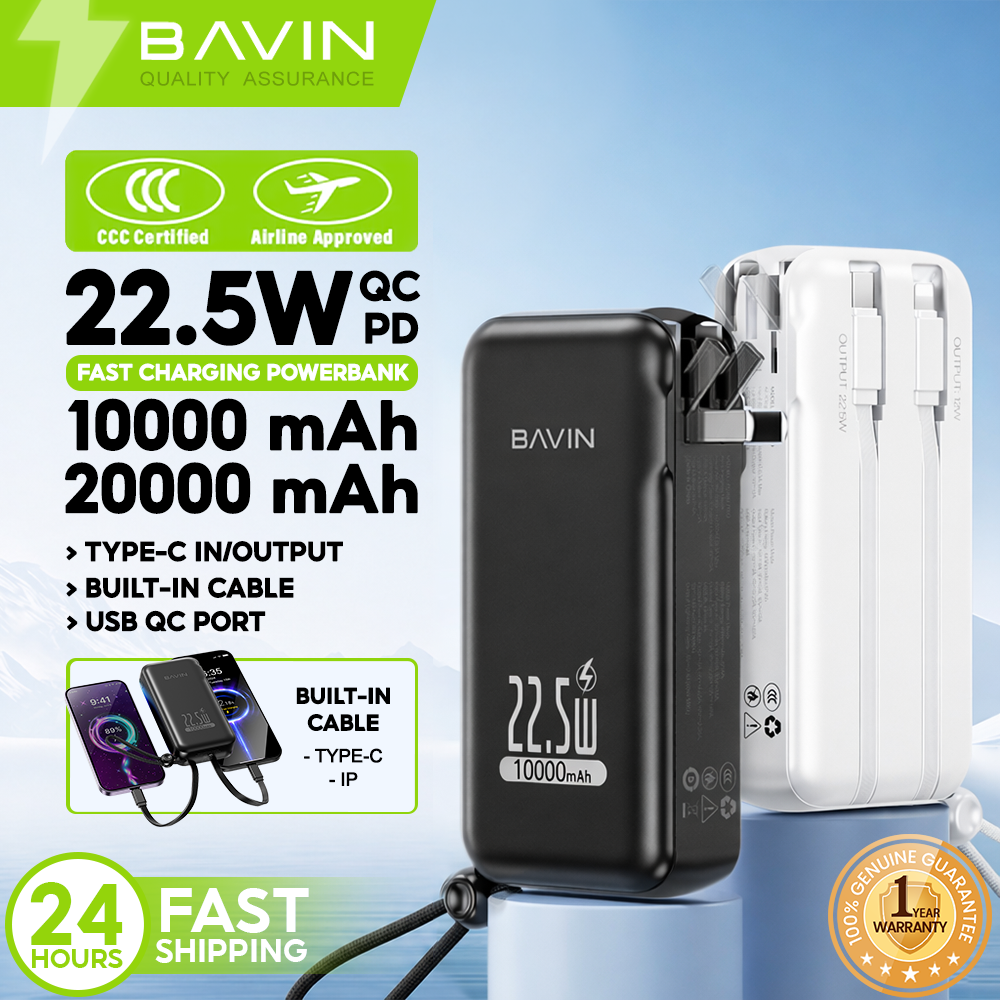 [CCC] BAVIN PC032 Pro 10000mAh/ PC1103 20000mAh 2-in-1 22.5W Fast Charging Powerbank w/ Dual Cables & Foldable AC Plug
