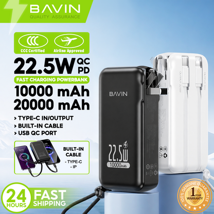 [CCC] BAVIN PC032 Pro 10000mAh/ PC1103 20000mAh 2-in-1 22.5W Fast Charging Powerbank w/ Dual Cables & Foldable AC Plug