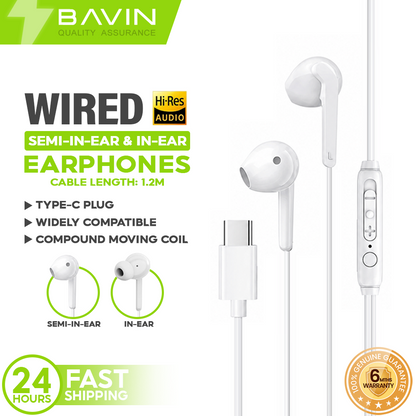 BAVIN HX867 / HX868 Type-C Wired Earphone Stereo Audio Sound w/ Built In Microphone & Volume Control