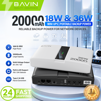 BAVIN PC1238 Portable 18W/36W 20000mAh UPS Uninterrupted Backup Powerbank for PoE Sensor, Router, CCTV
